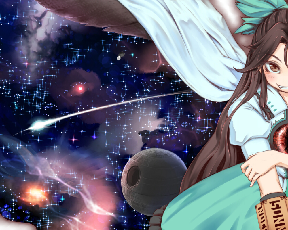 1girl, arm_cannon, bird_wings, blush, bow, brown_eyes, brown_hair, cape