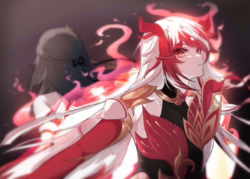 2girls, bare_shoulders, breasts, closed_mouth, dual_persona, fire, fu_hua, fu_hua_(herrscher_of_sentience), grey_hair, highres, honkai_(series), honkai_impact_3rd, long_hair, looking_at_viewer, multicolored_hair, multiple_girls, outstretched_arm, red_sleeves, redhead, small_breasts, solo_focus, tttokhonkai, upper_body, white_hair