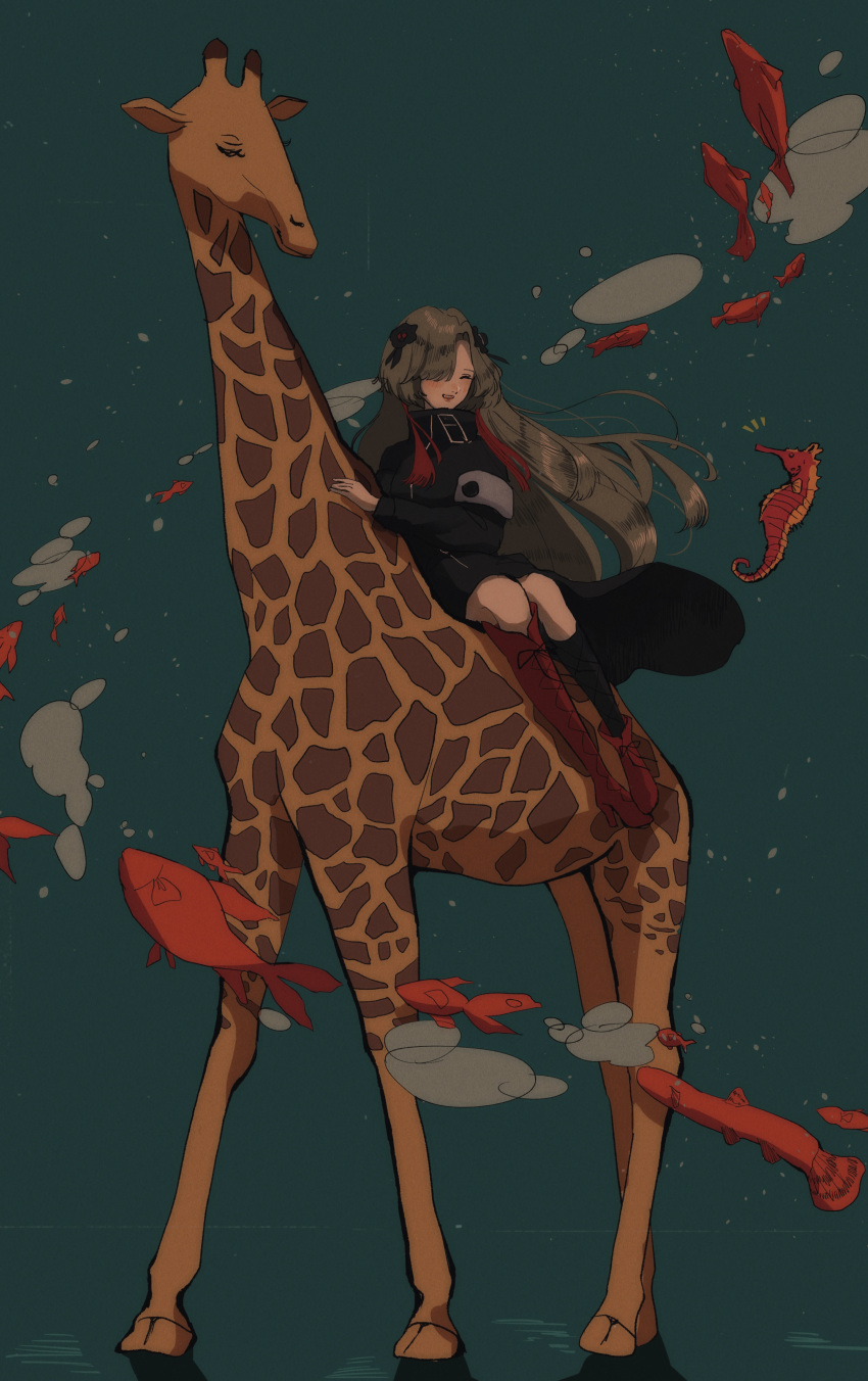 1girl, absurdres, air_bubble, asymmetrical_footwear, black_coat, black_flower, black_socks, blue_background, blush, boots, bubble, closed_eyes, coat, commentary_request, fish, floating_hair, flower, flying_fish, giraffe, grey_hair, hair_over_one_eye, high_collar, high_heel_boots, high_heels, highres, isekai_joucho, kamitsubaki_studio, knee_boots, kneehighs, komari_(kmr_tbk), long_hair, long_sleeves, multicolored_hair, one_eye_covered, red_footwear, redhead, riding, riding_animal, school_of_fish, single_knee_boot, sitting, smile, socks, solo, streaked_hair, uneven_footwear, very_long_hair, virtual_youtuber, wide_shot, zipper_pull_tab