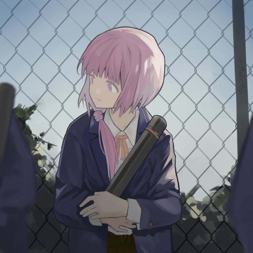 1girl, 2others, against_fence, ambiguous_gender, black_skirt, blazer, blue_eyes, blue_jacket, blue_sky, blurry, blurry_foreground, chain-link_fence, changjingliu_ren_ren, closed_mouth, collared_shirt, commentary, day, fence, foliage, graduation, highres, holding, jacket, kaf_(kamitsubaki_studio), kamitsubaki_studio, long_hair, long_sleeves, looking_to_the_side, low_ponytail, multicolored_eyes, multiple_others, neck_ribbon, object_hug, open_clothes, open_jacket, orange_ribbon, out_of_frame, outdoors, pink_eyes, pink_hair, ribbon, school_uniform, shirt, shirt_tucked_in, skirt, sky, smile, solo, straight-on, tube, upper_body, virtual_youtuber, white_shirt, yellow_pupils