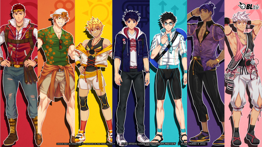 2022, 6+boys, absurdres, ace_anderson, avan_geiserford, black_hair, black_pants, blonde_hair, blue_hoodie, bryce_callahan, collaboration, collared_shirt, color_coordination, column_lineup, copyright, copyright_name, derek_kingsfield, full_body, green_shirt, highres, hood, hoodie, jock_studio_(blits_games), leo_mendez_(jock_studio), lineup, logo, looking_at_viewer, male_focus, mikkoukun, multicolored_background, multiple_boys, nakajima_yuuto, official_art, orange_hair, outline, pants, pink_tank_top, purple_hair, purple_shirt, redhead, sandals, shirt, shorts, tank_top, white_hair, white_outline, white_shorts, zamius, zayne_alexander
