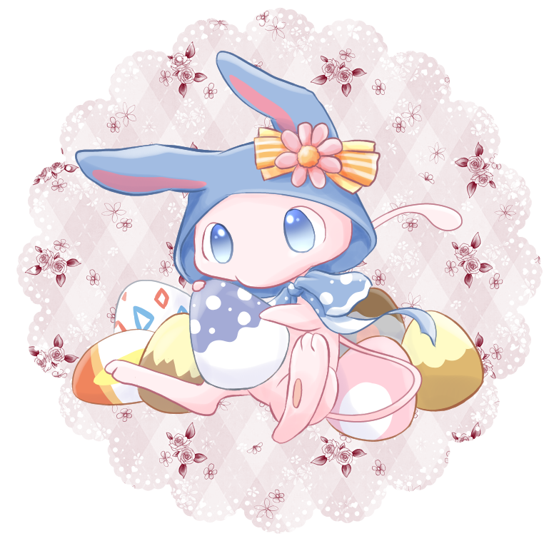 animal_focus, animal_hood, azumarill, azumarill_(cosplay), blue_eyes, blue_hood, bow, buneary, bunnelby, cosplay, easter, eevee, flower, hood, hood_up, hu-a39, mew, mew_(pokemon), no_humans, orange_bow, pawpads, pink_flower, pokemon, pokemon_(creature), rose, scorbunny, togepi, white_background, wigglytuff