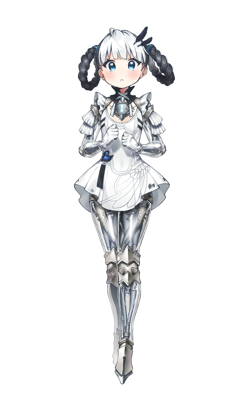 123ab456c, 1girl, absurdres, bird, black_hair, blue_eyes, blush, bombinata_(punishing:_gray_raven), braid, dress, feather_hair_ornament, feathers, gloves, hair_ornament, heart, heart-shaped_pupils, highres, joints, keyhole, mechanical_arms, mechanical_legs, multicolored_hair, parted_lips, punishing:_gray_raven, swan, symbol-shaped_pupils, twin_braids, two-tone_hair, white_background, white_dress, white_gloves, white_hair