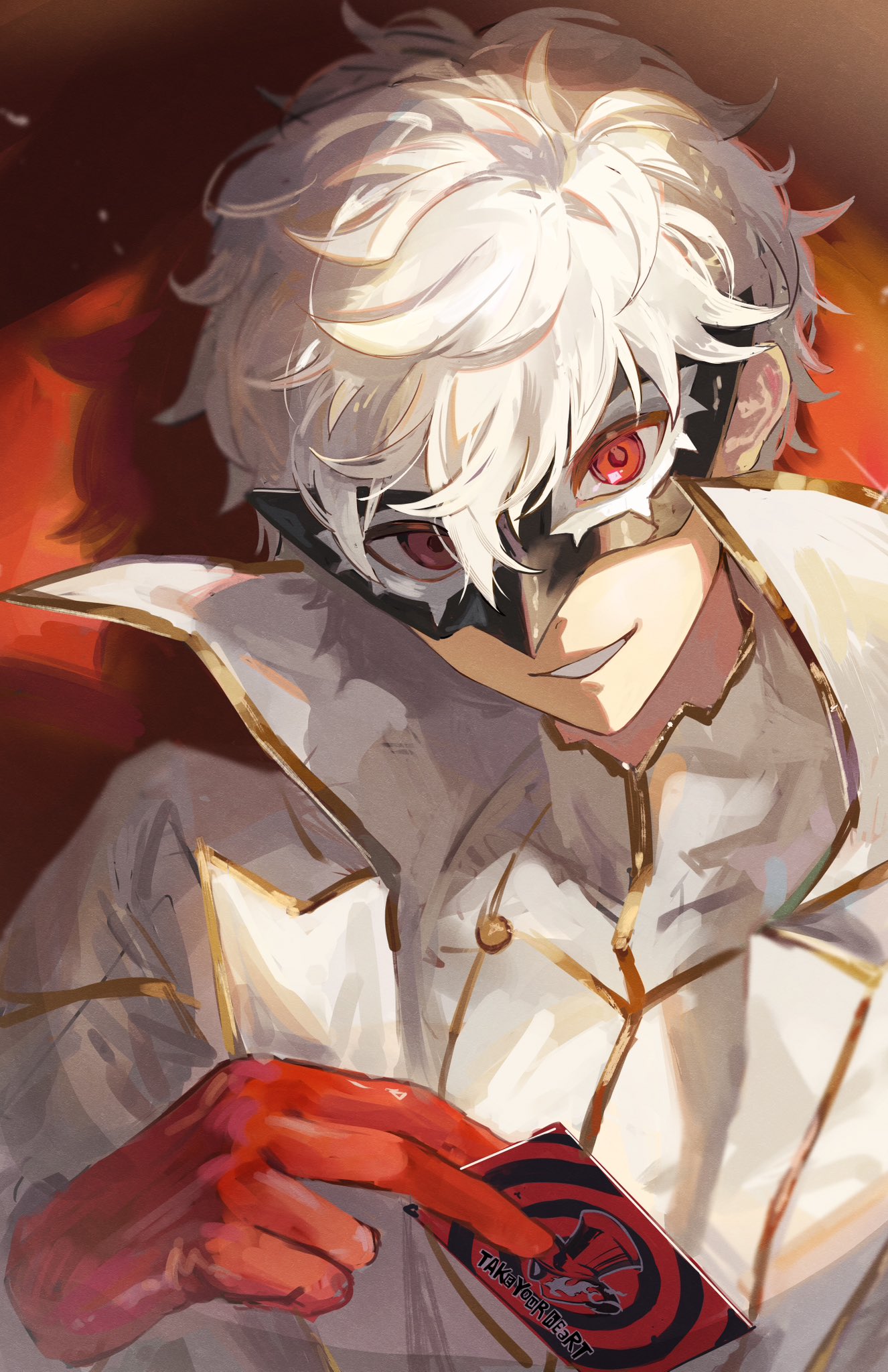 1boy, alternate_color, alternate_hair_color, amamiya_ren, black_mask, calling_card, card, coat