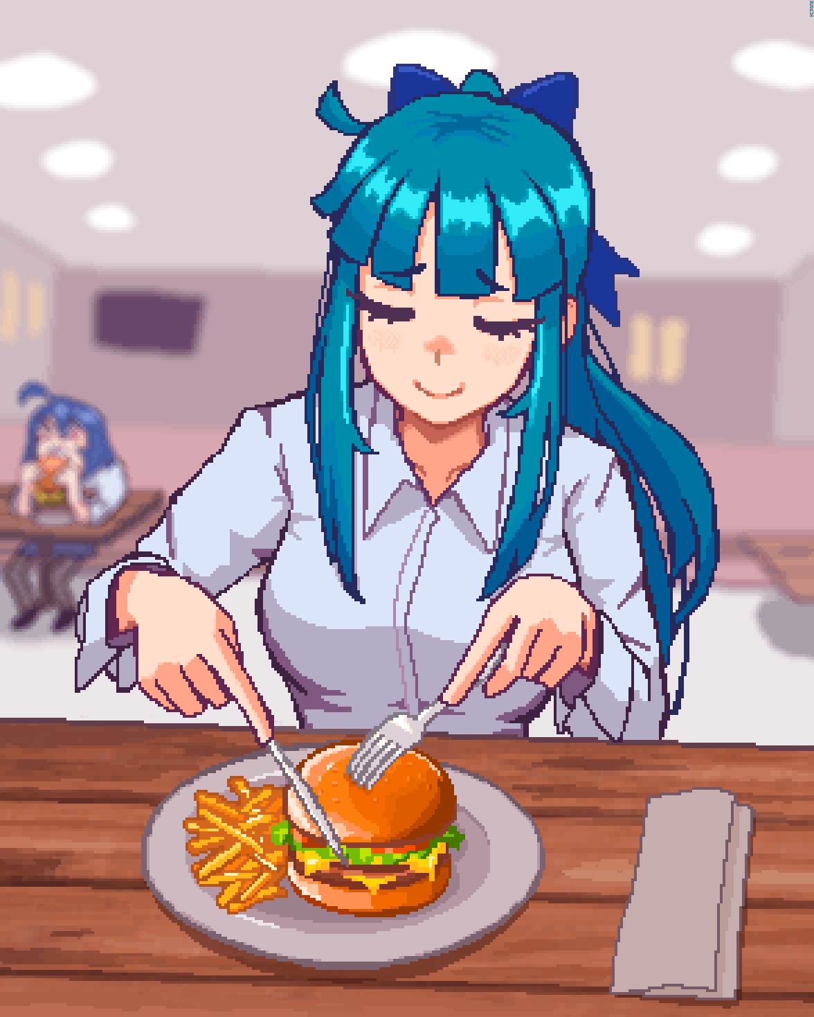 2girls, aqua_hair, blue_bow, blue_hair, bow, burger, closed_eyes, closed_mouth, collared_shirt, commentary, facing_viewer, food, french_fries, hair_bow, hcnone, highres, holding_utensil, indoors, long_sleeves, multiple_girls, office_lady, original, paper_towel, penny_(hcnone), pixel_art, plate, ponytail, shirt, sidelocks, skye_(hcnone), slicing, smile, solo_focus, symbol-only_commentary, table, upper_body, white_shirt, wooden_table