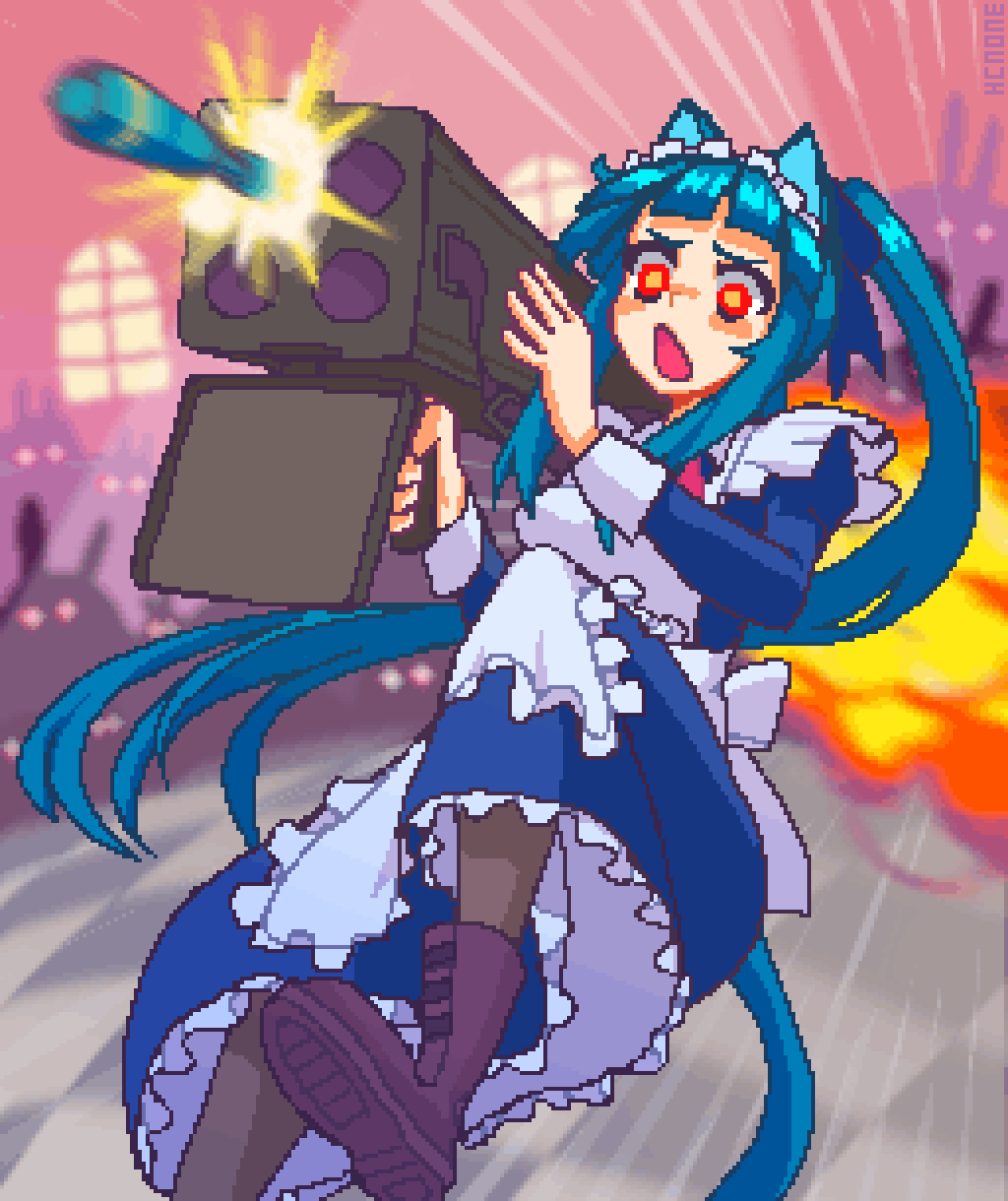 1girl, alternate_costume, animal_ears, apron, aqua_hair, black_footwear, blue_dress, boots