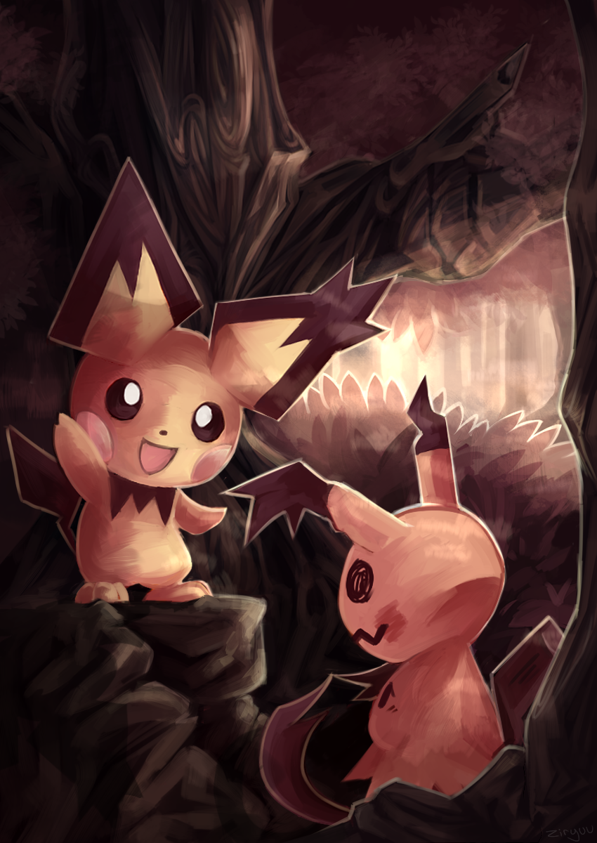 bush, forest, highres, mimikyu, nature, no_humans, open_mouth, outdoors, pichu, pokemon, pokemon_(creature), spiky-eared_pichu, spiky_eared_pichu, tree, ziryuu