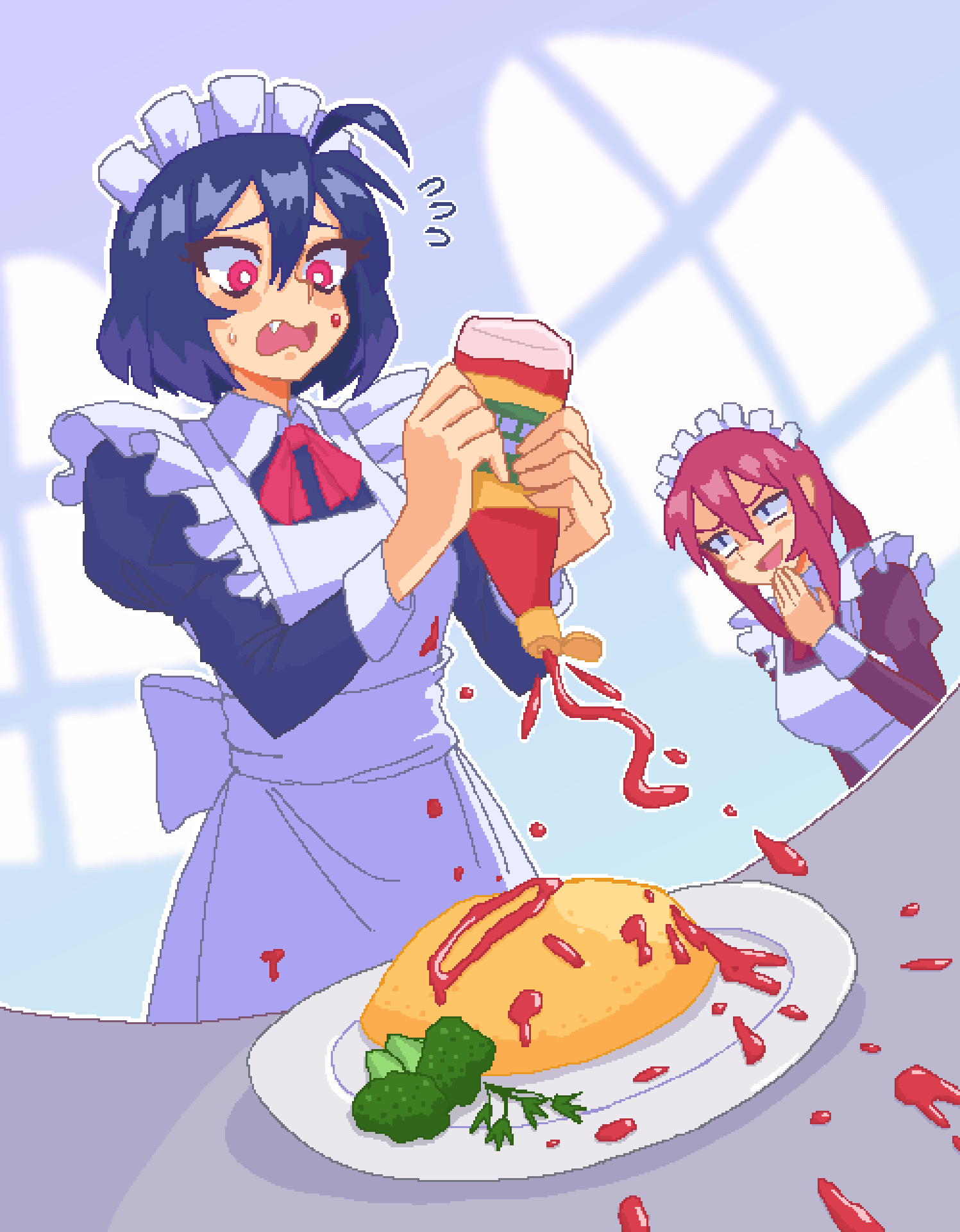 2girls, :d, ahoge, alternate_costume, apron, blue_hair, bottle, bow