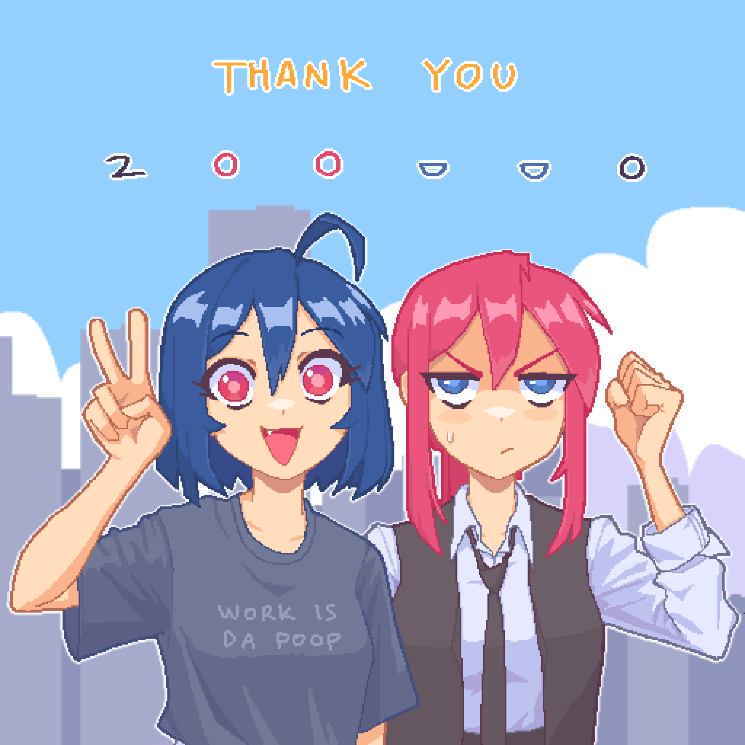 :d, ahoge, black_necktie, black_vest, blue_eyes, blue_hair, blue_sky, closed_mouth, collared_shirt, endless_monday:_dreams_and_deadlines, english_commentary, english_text, fang, grey_shirt, hair_between_eyes, hana_(hcnone), hand_up, hcnone, highres, jitome, long_sleeves, looking_at_viewer, milestone_celebration, necktie, original, pink_eyes, pink_hair, pixel_art, pout, print_shirt, shirt, sky, skye_(hcnone), smile, sweat, thank_you, upper_body, v, vest, white_shirt