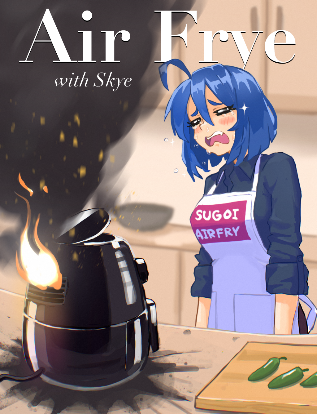 1girl, ahoge, air_fryer, apron, black_shirt, blue_hair, blurry, blush