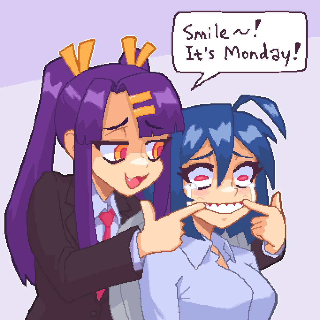 2girls, ahoge, black_suit, blue_hair, blue_shirt, blythe_(hcnone), collared_shirt, crying, crying_with_eyes_open, endless_monday:_dreams_and_deadlines, english_commentary, english_text, fang, forced_smile, hair_between_eyes, hair_ornament, hairclip, hcnone, long_sleeves, multiple_girls, necktie, orange_eyes, original, pink_necktie, pixel_art, purple_hair, red_eyes, shaded_face, shirt, short_hair, simple_background, skye_(hcnone), speech_bubble, suit, tears, twintails, upper_body