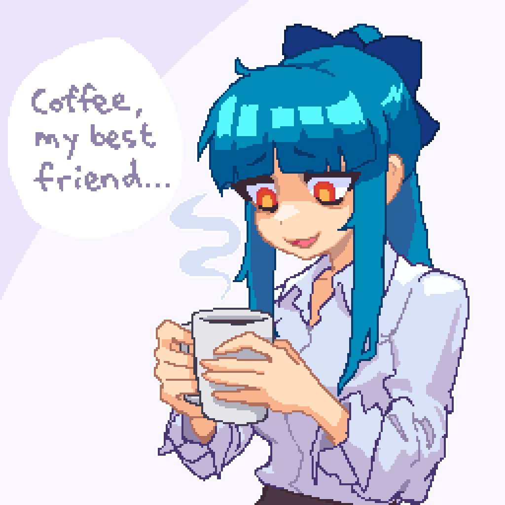 1girl, aqua_hair, blue_bow, bow, coffee_mug, collared_shirt, cup, endless_monday:_dreams_and_deadlines
