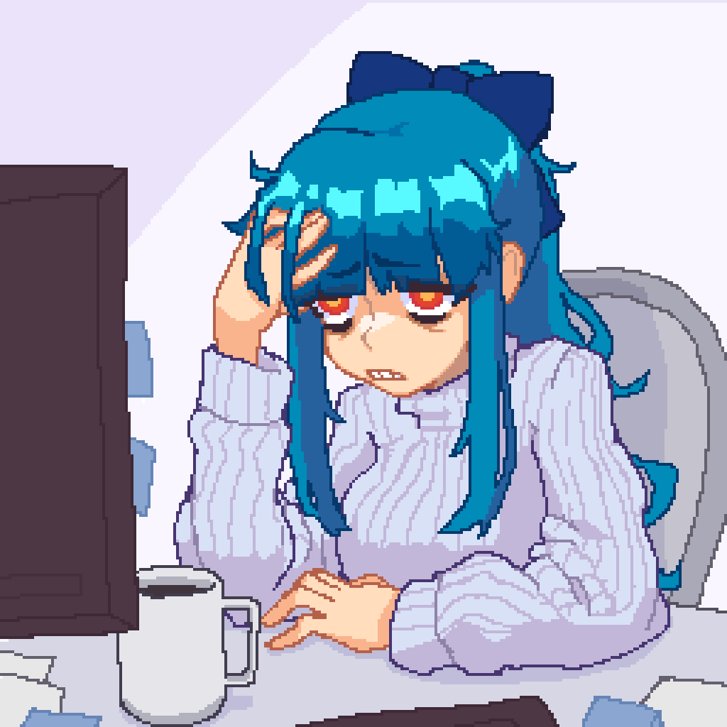 1girl, aqua_hair, bags_under_eyes, blue_bow, blunt_bangs, bow, coffee_mug, cup