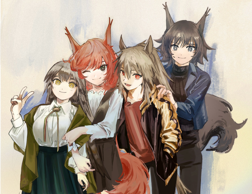 4girls, ;), alternate_costume, animal_ears, arknights, ashlock_(arknights), black_dress, black_pants