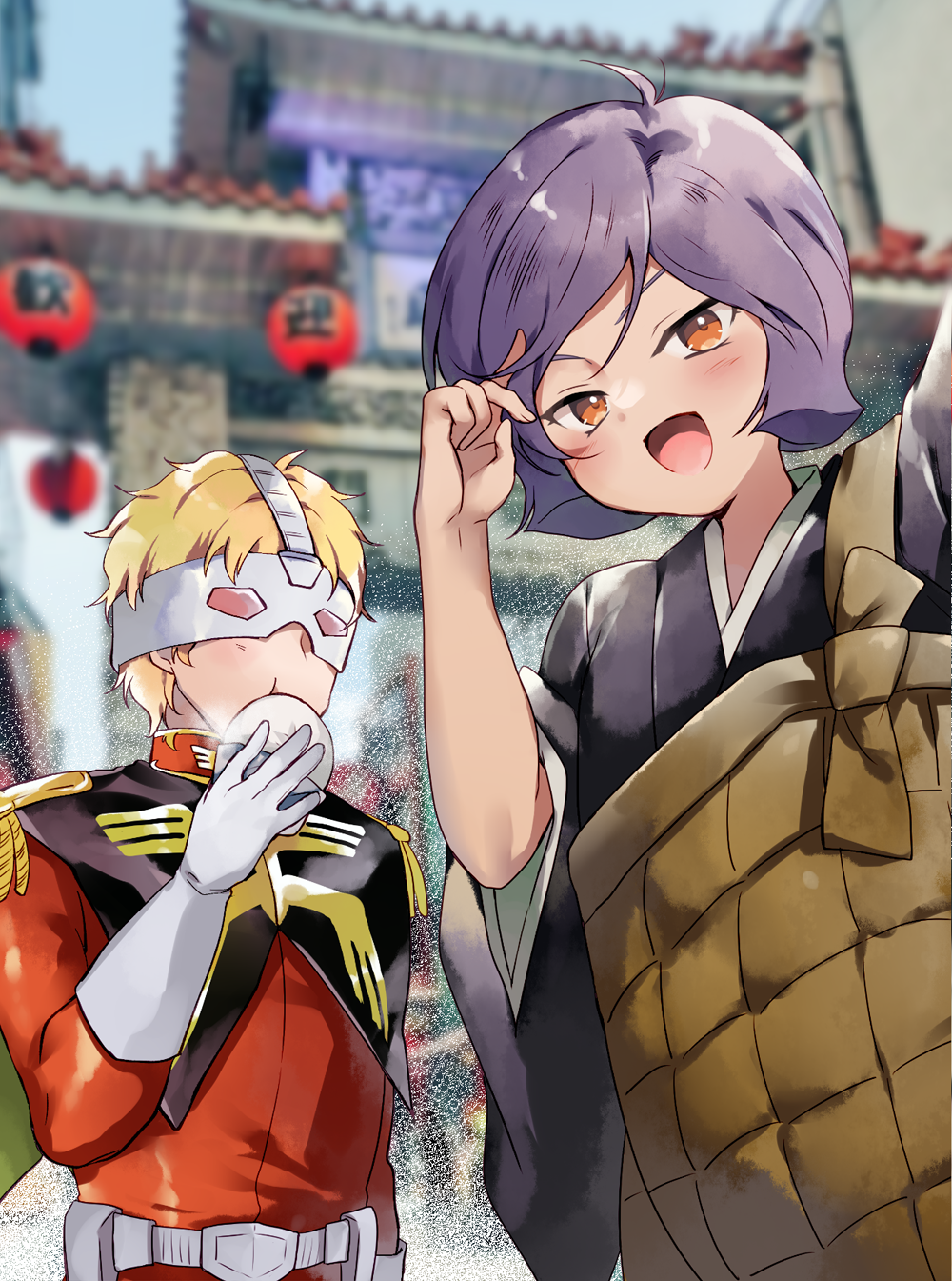 2boys, :d, :t, arm_up, baozi, belt, black_kimono, blonde_hair