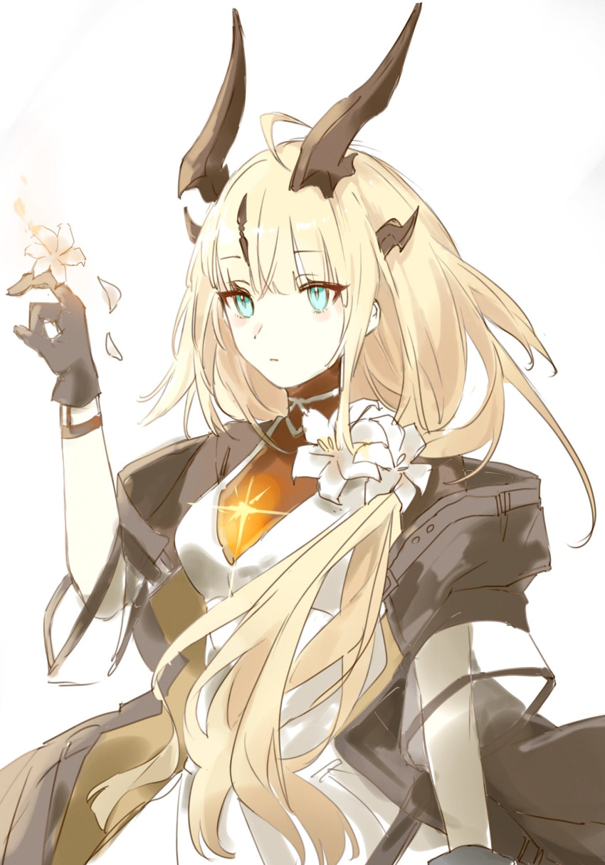 1girl, arknights, black_gloves, black_jacket, blonde_hair, blue_eyes, breasts, dragon_girl
