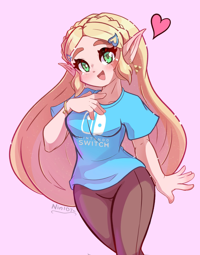 1girl, absurdres, artist_name, blonde_hair, blue_shirt, blush, braid, breasts, brown_pants, collarbone, commentary, crown_braid, dot_nose, earrings, elf, english_commentary, eyelashes, gold_bracelet, green_eyes, hair_ornament, hairclip, hand_on_own_chest, head_tilt, heart, highres, jewelry, light_blush, long_hair, looking_at_viewer, medium_breasts, nin10ja, nintendo_switch_shirt, open_mouth, pants, parted_bangs, pink_background, pointy_ears, princess_zelda, shirt, sidelocks, signature, simple_background, smile, solo, standing, the_legend_of_zelda, the_legend_of_zelda:_breath_of_the_wild, tongue, triforce, triforce_earrings, untucked_shirt, very_long_hair