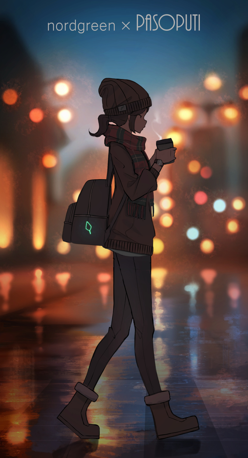 1girl, absurdres, artist_name, backpack, bag, beanie, blue_pants, blurry