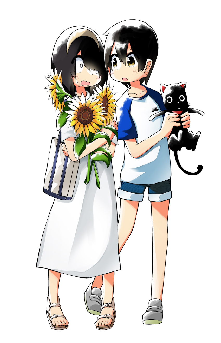 1boy, 1girl, absurdres, animal, bag, black_cat, black_hair, blue_shorts