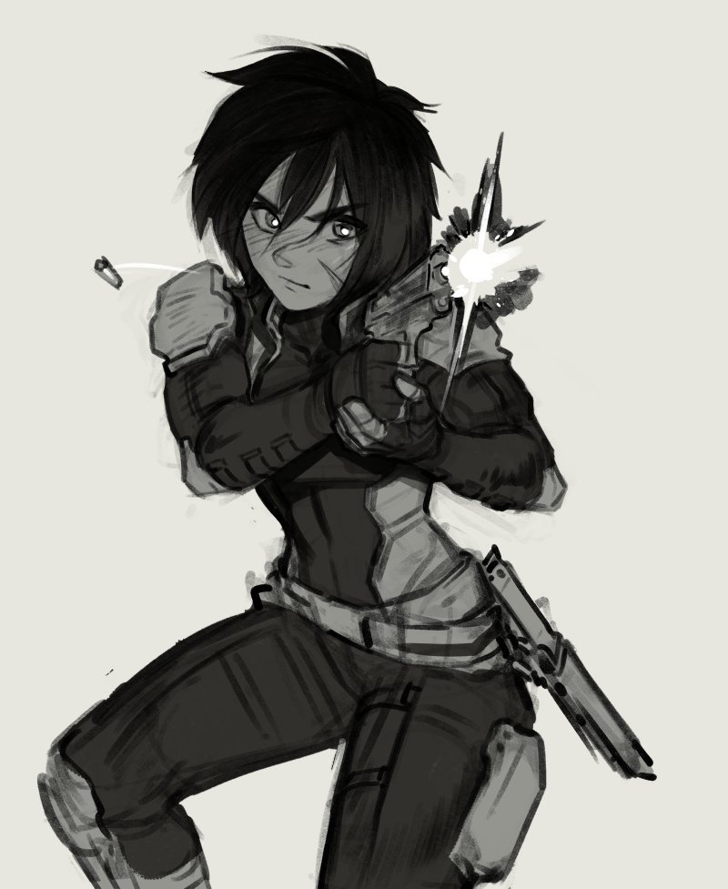 belt, english_commentary, fingerless_gloves, firing, gloves, grey_background, greyscale, gun