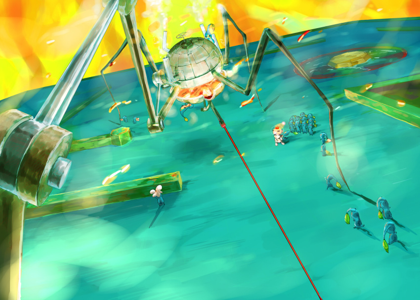1boy, arthropod_limbs, blue_pikmin, bug, commentary_request, laser_sight, man-at-legs, mechanical_legs