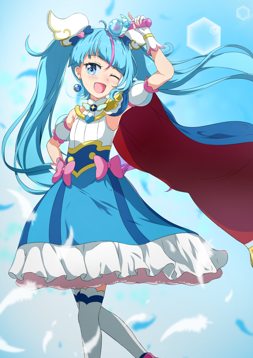 1girl, ;d, arm_up, blue_background, blue_eyes, blue_hair, blue_skirt, blush, bow, cure_sky, detached_sleeves, diagonal_bangs, feathers, feet_out_of_frame, fingerless_gloves, floating_hair, frilled_skirt, frills, gloves, gradient_hair, highres, hirogaru_sky!_precure, holding, long_hair, multicolored_hair, one_eye_closed, over-kneehighs, pink_bow, pink_hair, precure, puffy_short_sleeves, puffy_sleeves, shirt, short_sleeves, skirt, sleeveless, sleeveless_shirt, smile, solo, sora_harewataru, standing, streaked_hair, thigh-highs, tsuyukina_fuzuki, twintails, very_long_hair, white_gloves, white_shirt, white_sleeves, white_thighhighs
