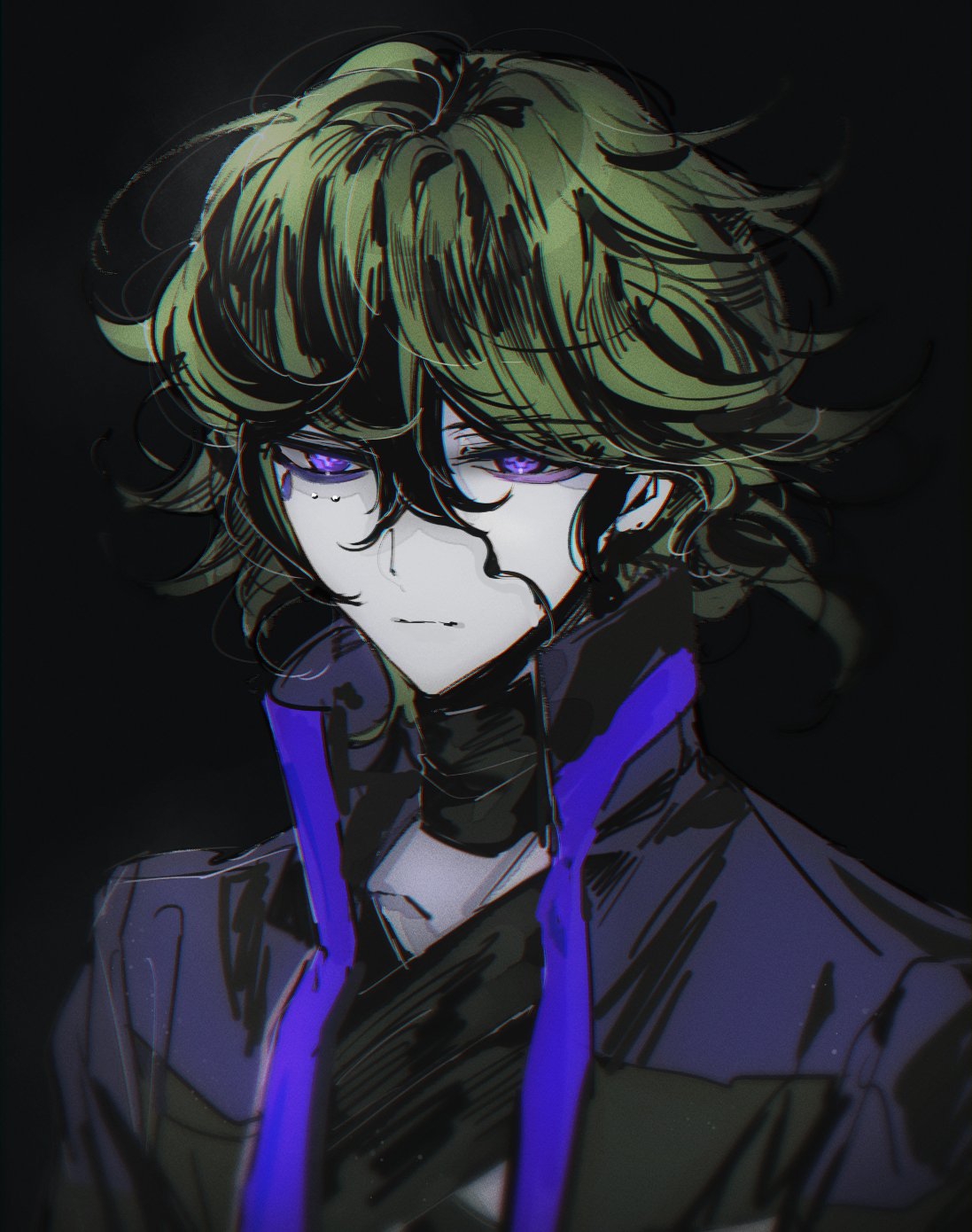 1boy, black_background, closed_mouth, dark_background, eye_piercing, eyeliner, green_hair, hair_between_eyes