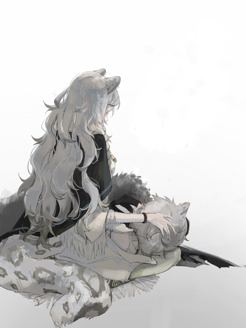 1girl, animal_ears, arknights, black_cape, bracelet, cape, dress, from_behind, grey_hair, hatsumi0515, highres, jewelry, leopard_ears, leopard_girl, leopard_tail, long_hair, pramanix_(arknights), simple_background, sitting, solo, tail, very_long_hair, white_background, white_dress