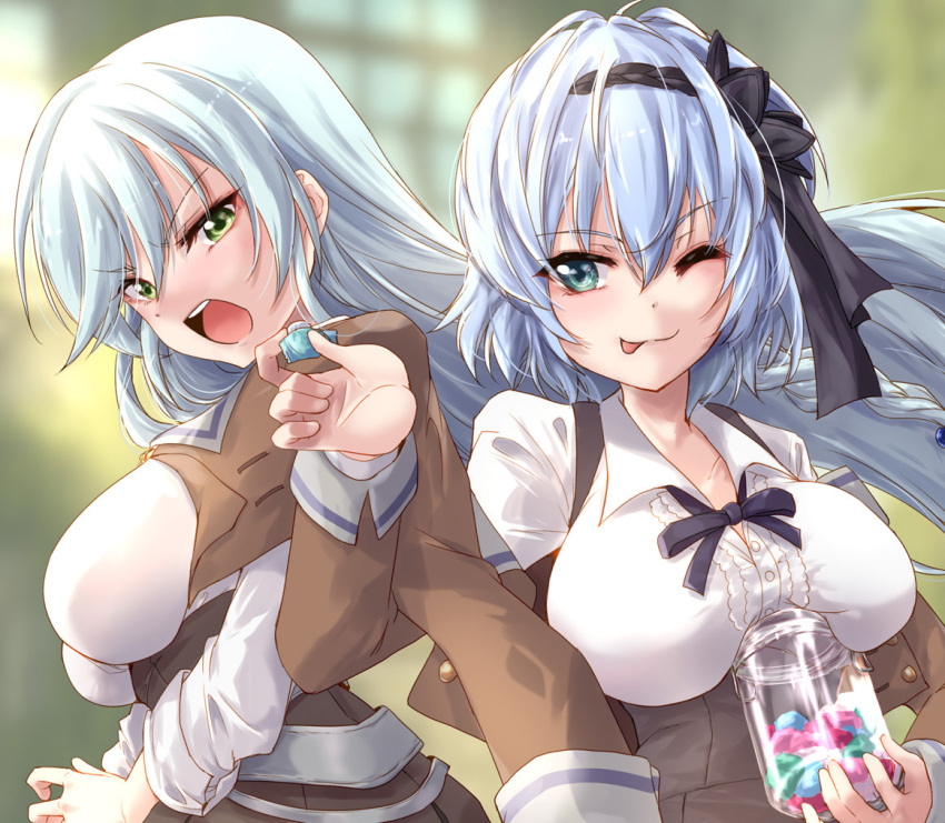 2girls, ;p, annoyed, aqua_eyes, aqua_hair, assault_lily, belt, black_hairband, black_ribbon, blue_hair, blurry, blurry_background, breasts, brown_jacket, brown_skirt, buttons, candy, candy_jar, collared_shirt, commentary_request, cropped_jacket, floating_hair, food, green_eyes, grey_belt, hair_between_eyes, hair_ribbon, hairband, hand_up, higashikuze_tokuko, high-waist_skirt, holding, holding_candy, holding_food, holding_jar, indoors, jacket, jacket_on_shoulders, jar, large_breasts, long_hair, long_sleeves, looking_at_food, looking_at_viewer, looking_to_the_side, medium_hair, miwada_rito, multiple_girls, neck_ribbon, off_shoulder, one_eye_closed, open_clothes, open_jacket, open_mouth, purple_ribbon, ribbon, school_uniform, shirt, sidelocks, skirt, suspender_skirt, suspenders, teeth, tongue, tongue_out, upper_body, upper_teeth_only, urutsu_sahari, v-shaped_eyebrows, very_long_hair, white_shirt, window