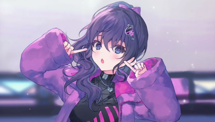 1girl, asahina_mafuyu, awakening_beat_(project_sekai), black_shirt, bow, derivative_work, hair_bow, hamster_hair_ornament