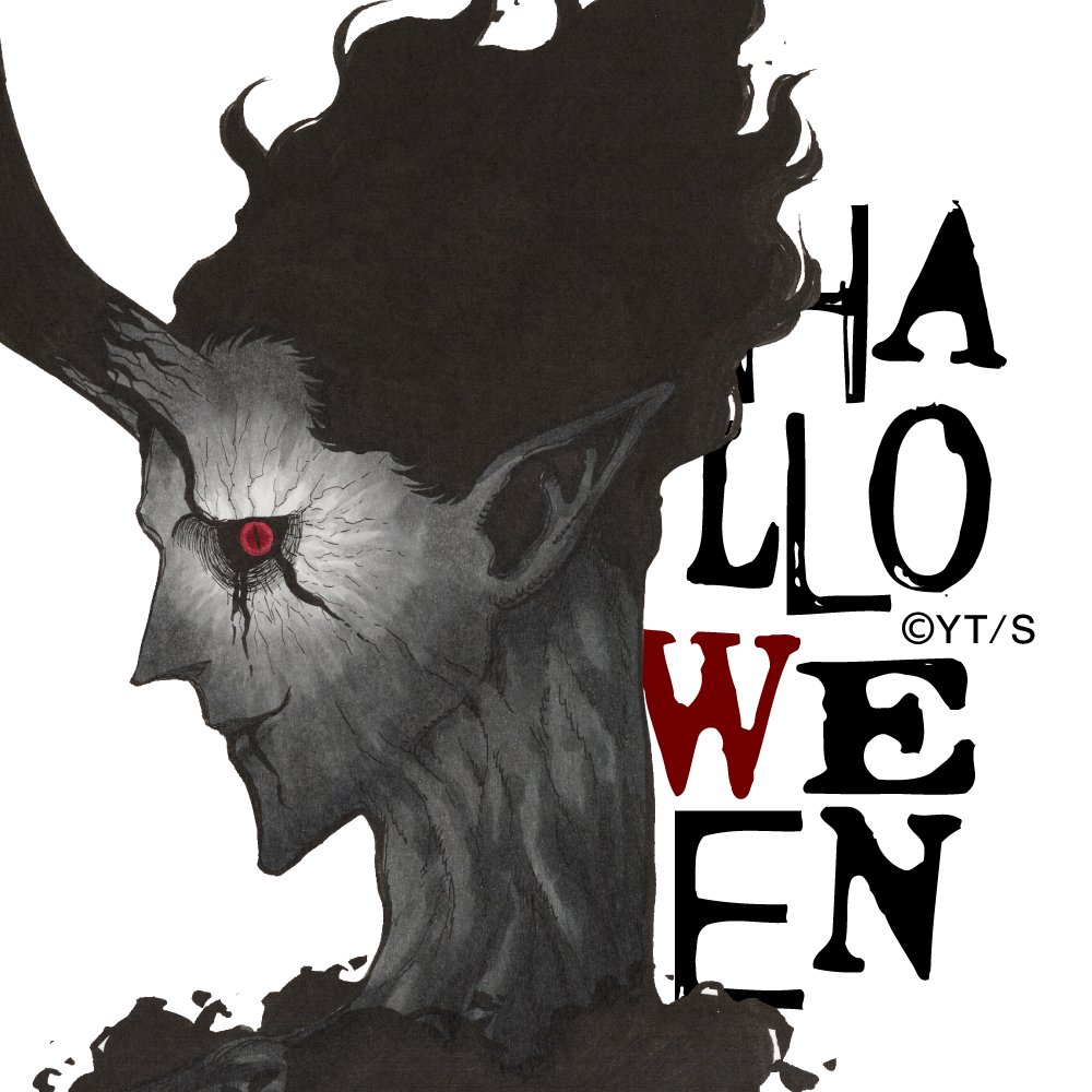 1boy, black_clover, demon_boy, demon_horns, english_text, evil_smile, from_side, halloween, horns, long_neck, looking_at_viewer, male_focus, monster_boy, official_art, pointy_ears, portrait, red_eyes, short_hair, sideways_glance, skin-covered_horns, slit_pupils, smile, solo, spiky_hair, tabata_yuuki, veiny_neck, zagred_(black_clover)