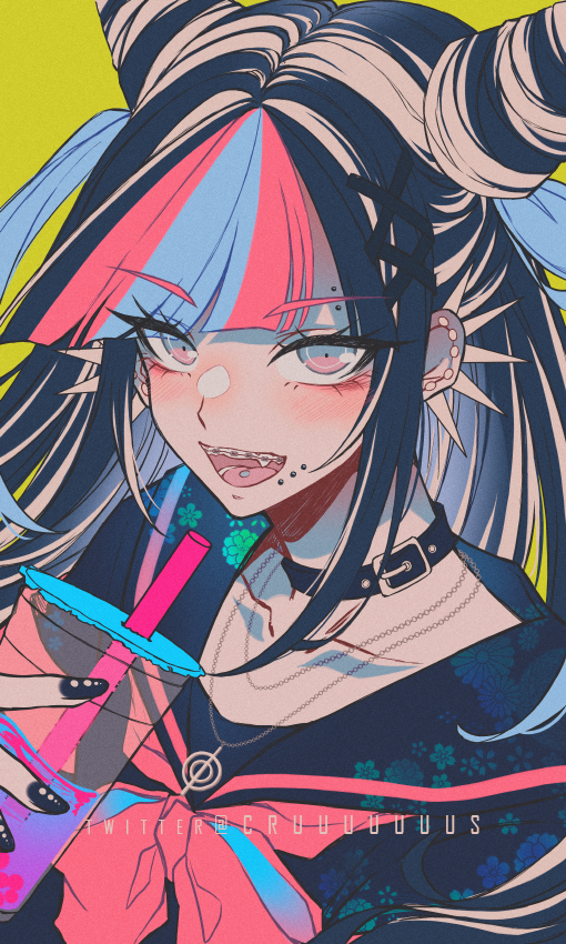 1girl, :d, artist_name, black_collar, black_hair, black_sailor_collar, blunt_bangs, bow