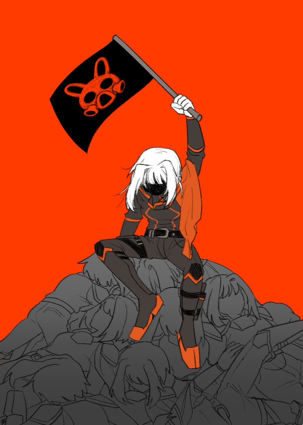 6+girls, arm_up, belt, black_belt, black_jacket, boots, censored, clone