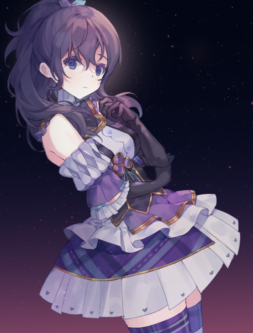 1girl, asahina_mafuyu, bare_shoulders, black_gloves, closed_mouth, clover_ornament, cowboy_shot, detached_sleeves, dress, dutch_angle, gloves, gold_trim, high_ponytail, highres, long_hair, looking_at_viewer, moremoremakingxmas_(project_sekai), multicolored_clothes, multicolored_dress, night, night_sky, official_alternate_color, project_sekai, purple_hair, sha_(nz2), sky, solo, thigh-highs, violet_eyes