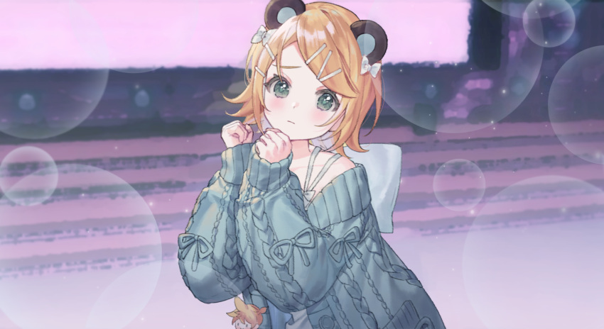 1girl, animal_ears, anmin_dreamingribbon_(project_sekai), aqua_eyes, bear_ears, blonde_hair, blue_cardigan, bow