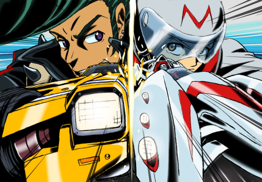 2boys, 7736, black_jacket, car, crossover, frown, glowing, hair_behind_ear, headlight, helmet, jacket, jp_(redline), leather, leather_jacket, looking_to_the_side, mach_go_go_go, male_focus, mifune_gou, motion_lines, motor_vehicle, multiple_boys, muscle_car, parted_lips, pompadour, race_vehicle, racecar, redline, smile, trans_am_2000_wr, v-shaped_eyebrows, vehicle_focus, white_headwear, white_jacket