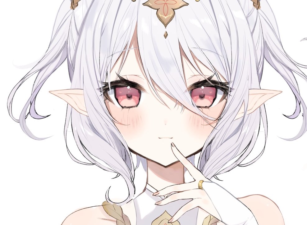 1girl, :3, bare_shoulders, blush, close-up, closed_mouth, double-parted_bangs, elf