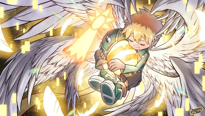 1boy, akamine_naoki, angel_wings, angemon, blonde_hair, closed_eyes, crest, digimon, digimon_(creature), digimon_adventure, digimon_crest, digitama, egg, feathered_wings, gradient_background, hat, highres, holding_digimon, multiple_wings, short_hair, takaishi_takeru, white_wings, wings