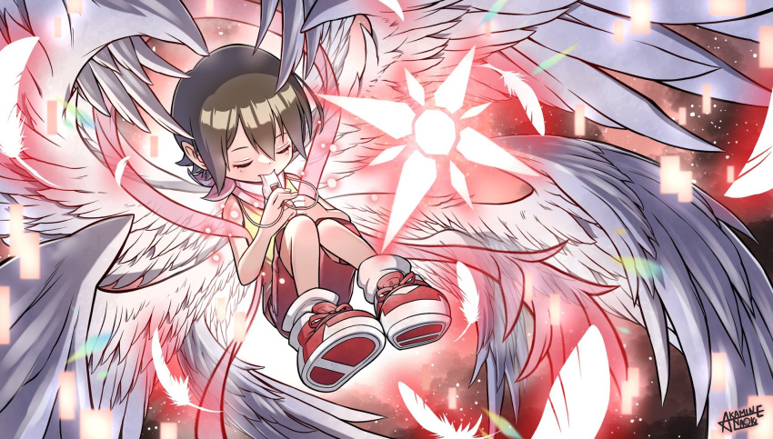 1girl, akamine_naoki, angel_wings, angewomon, blowing_whistle, brown_hair, closed_eyes, digimon