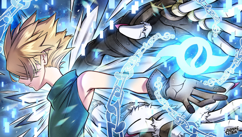 1boy, akamine_naoki, belt, blonde_hair, brass_knuckles, chain, claws, digimon