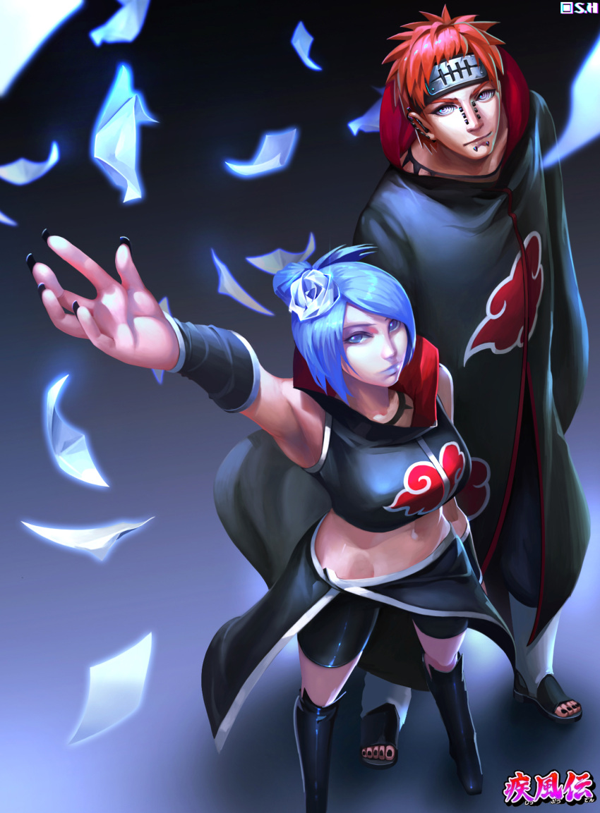 1boy, 1girl, akatsuki_uniform, amegakure_symbol, arms_up, black_pants, black_shorts, blue_hair, blue_lips, body_piercings, boots, closed_mouth, crop_top, earrings, flower, forehead_protector, full_body, hair_flower, hair_ornament, hair_over_one_eye, highres, jewelry, konan_(naruto), labret_piercing, lip_piercing, lipstick, looking_at_viewer, makeup, midriff, naruto, naruto_(series), naruto_shippuuden, orange_hair, pain_(naruto), pants, paper, piercing, rinnegan, sandals, shenhe_(narcissus19), shoes, short_hair, shorts, smile, spiky_hair, uniform, violet_eyes
