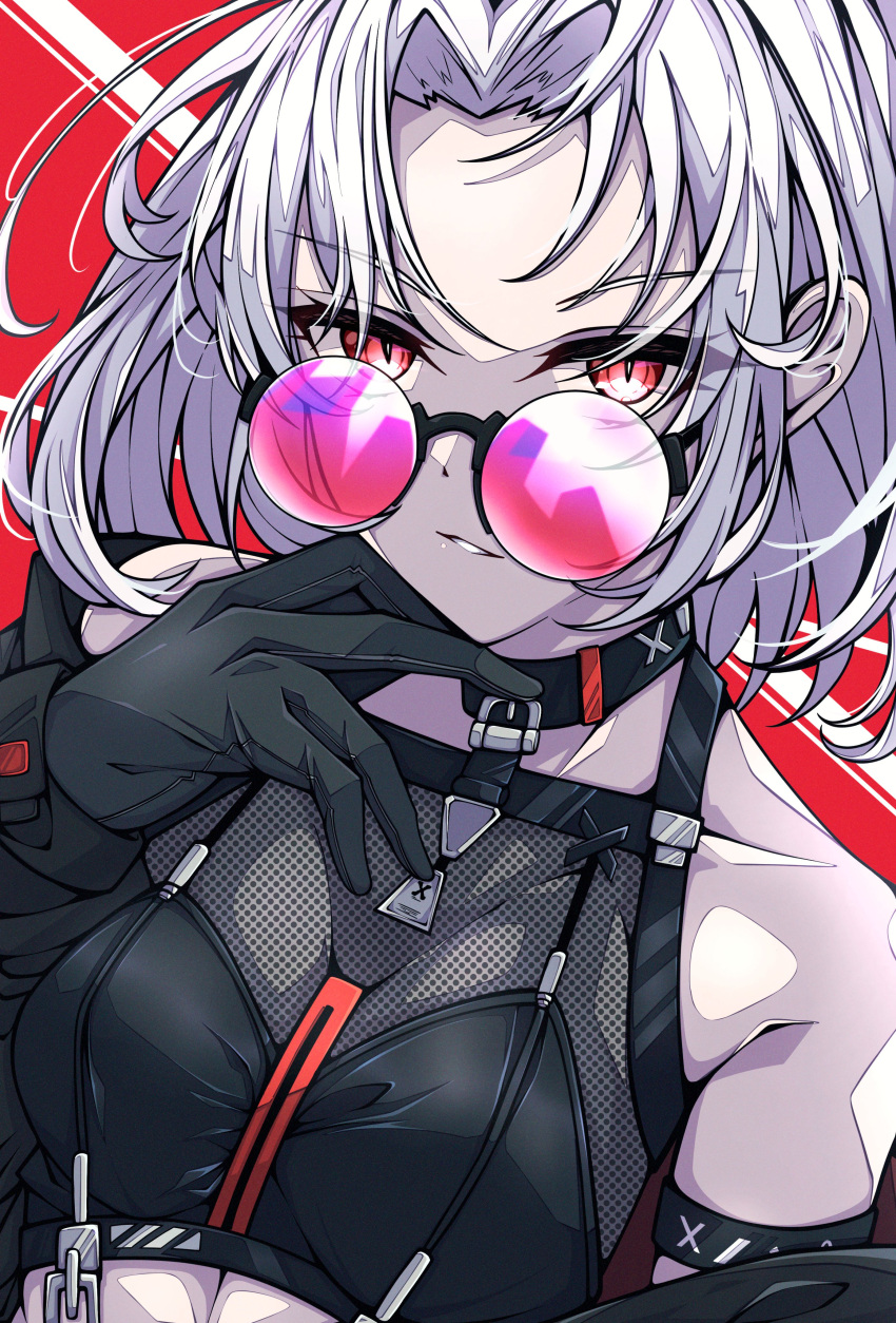 1girl, absurdres, arm_strap, bare_shoulders, belt, black_choker, black_gloves, black_jacket