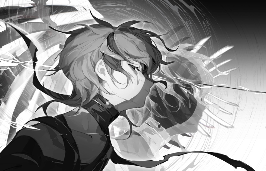 1boy, bandaged_neck, bandages, closed_mouth, eyeliner, greyscale, highres, looking_at_viewer