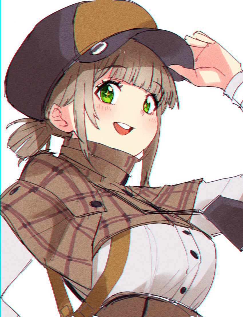 1girl, blunt_bangs, blush, brown_capelet, brown_cloak, brown_hair, capelet, cloak