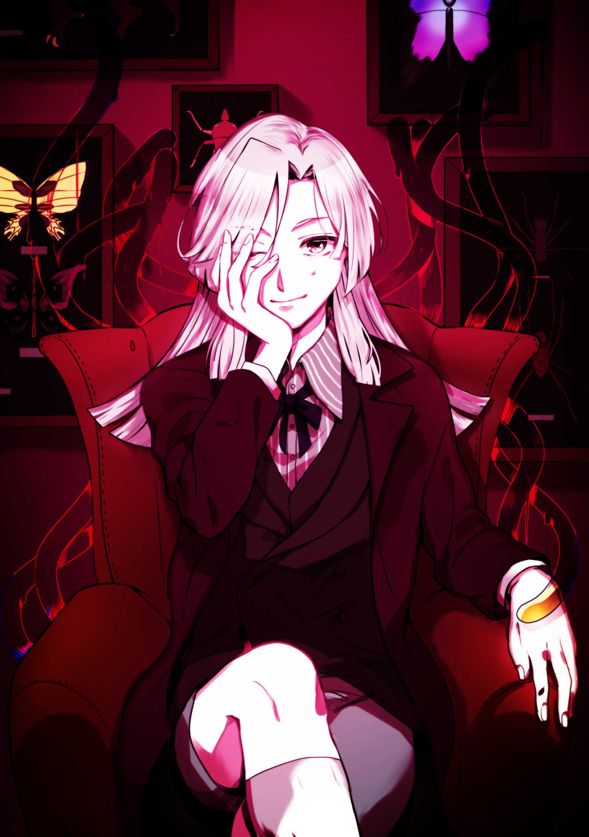 1boy, absurdres, black_bow, black_bowtie, bow, bowtie, bug, butterfly