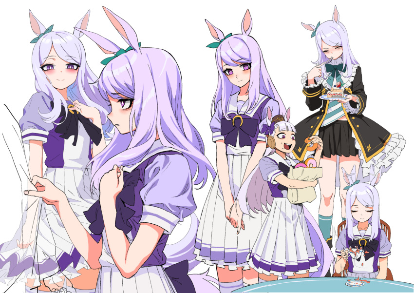 2girls, animal_ears, aqua_bow, aqua_socks, black_bow, black_jacket, black_skirt, blue_bow