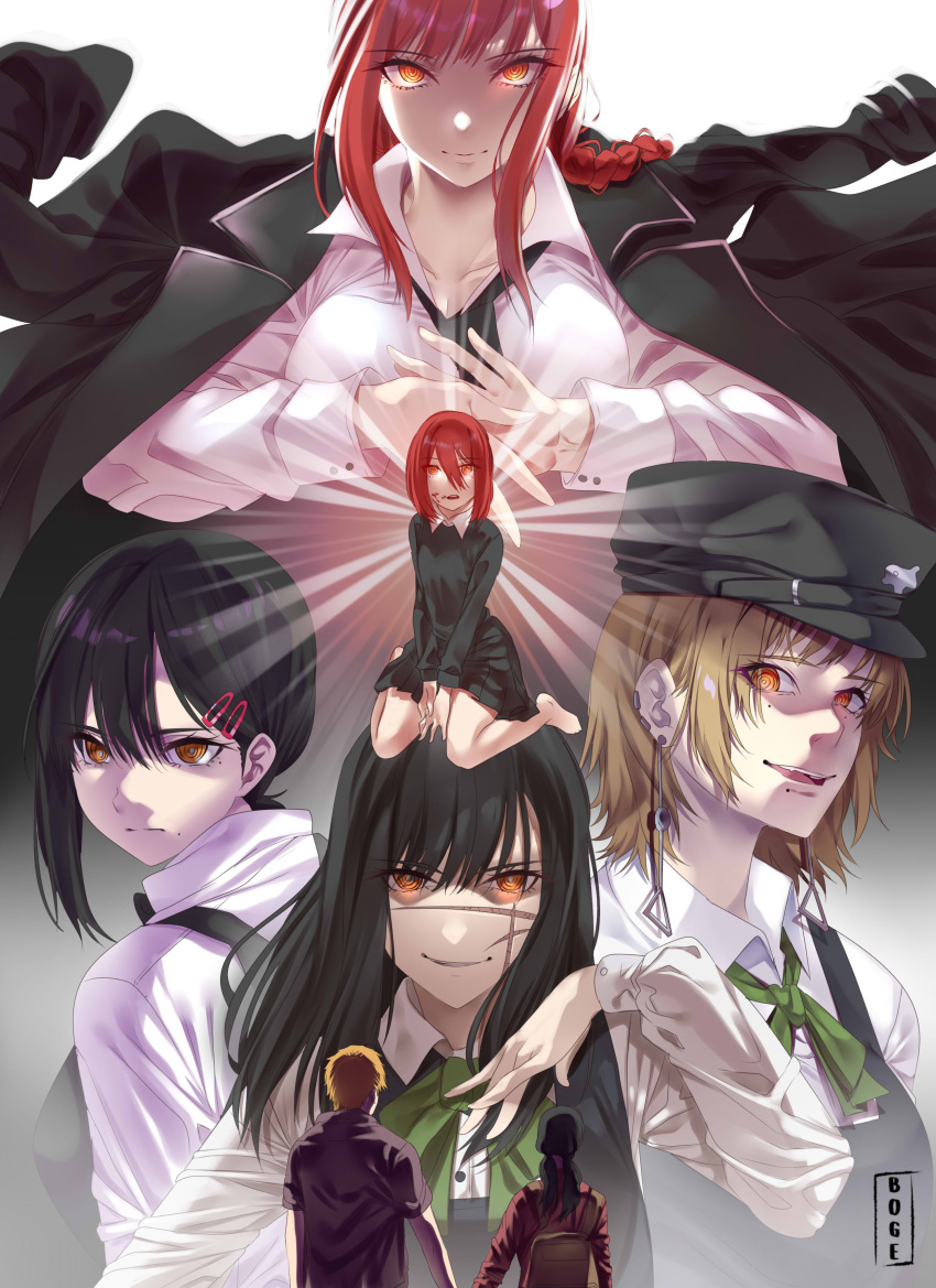 1girl, 6+girls, abiboge, absurdres, black_hair, black_necktie, black_pants, braid