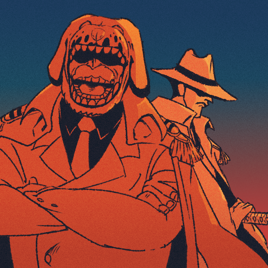 2boys, beard, bogard_(one_piece), coat, coat_on_shoulders, covered_eyes, crossed_arms, dog_mask