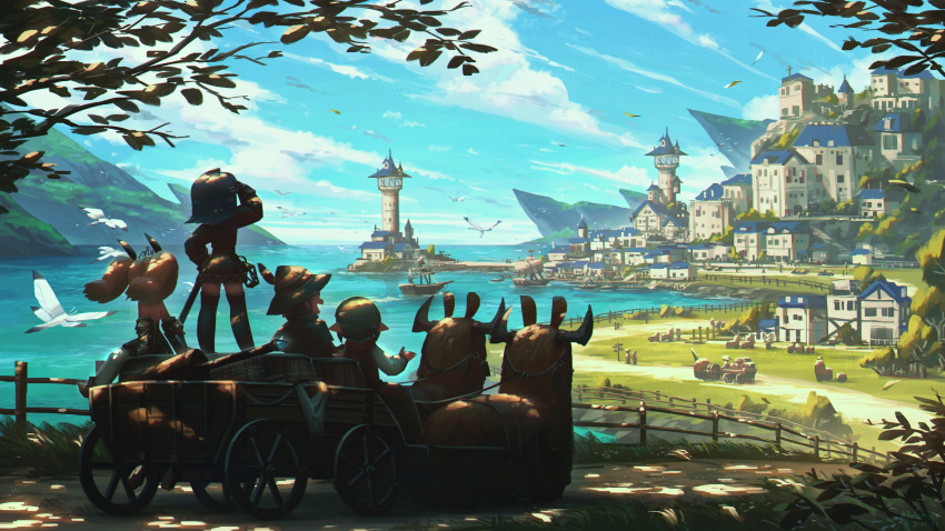 2boys, 2girls, absurdres, blonde_hair, blue_hair, boat, boots, clouds, cloudy_sky, crate, cressey_(porforever), english_commentary, erynn_(porforever), fantasy, fence, grey_hair, hat, highres, horns, landscape, lighthouse, multiple_boys, multiple_girls, original, pointy_ears, porforever, single_horn, sky, thigh_boots, town, twintails, wagon, wallace_(porforever), watercraft, wooden_fence