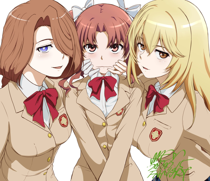 3girls, artist_name, blonde_hair, blush, bow, bowtie, braid, breast_pocket